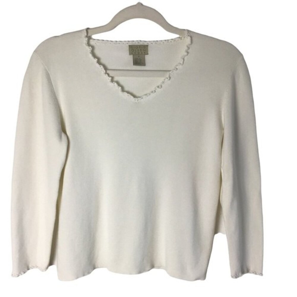 Sigrid Olsen Sport V-Neck Long Sleeve Sweater White Size S